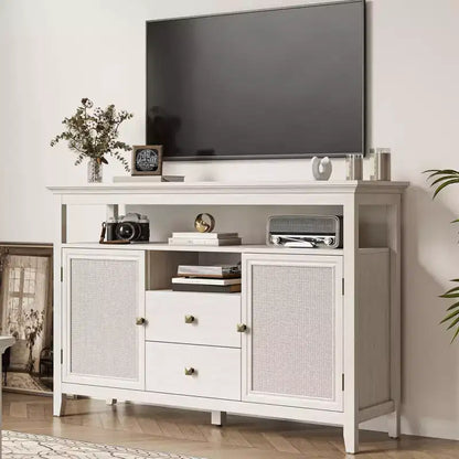 Farmhouse Rattan Storage Cabinet, Doors & Drawers, Adjustable Shelves, Off-White