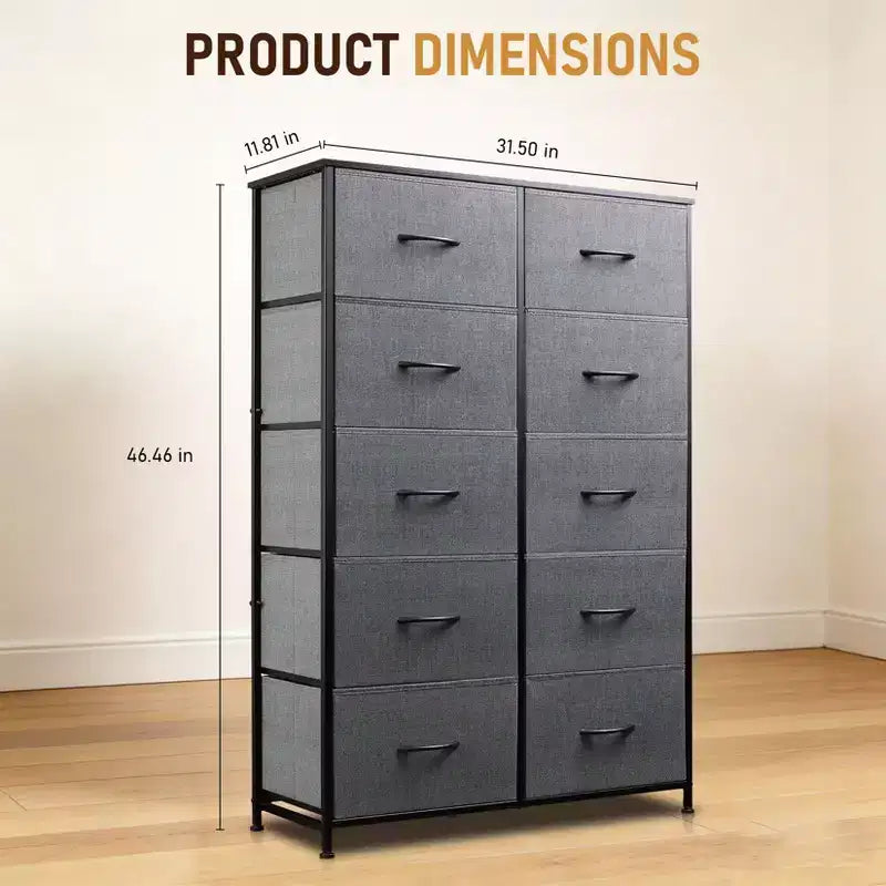 10-Drawer Dresser, Tall Chest of Drawers with Rustic Wood Finish and Metal Frame, Storage Organizer Unit for Bedroom, Entryway, Living Room