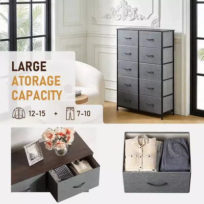 10-Drawer Dresser, Tall Chest of Drawers with Rustic Wood Finish and Metal Frame, Storage Organizer Unit for Bedroom, Entryway, Living Room