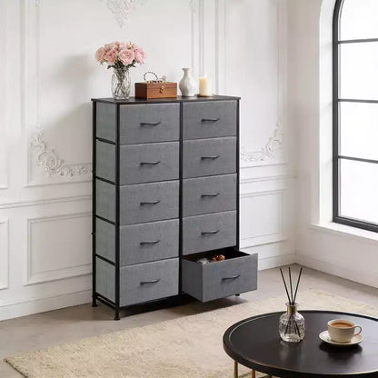 10-Drawer Dresser, Tall Chest of Drawers with Rustic Wood Finish and Metal Frame, Storage Organizer Unit for Bedroom, Entryway, Living Room