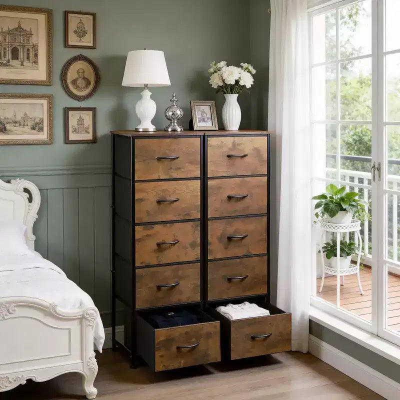 10-Drawer Dresser, Tall Chest of Drawers with Rustic Wood Finish and Metal Frame, Storage Organizer Unit for Bedroom, Entryway, Living Room