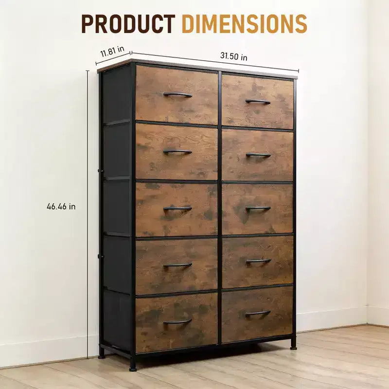 10-Drawer Dresser, Tall Chest of Drawers with Rustic Wood Finish and Metal Frame, Storage Organizer Unit for Bedroom, Entryway, Living Room