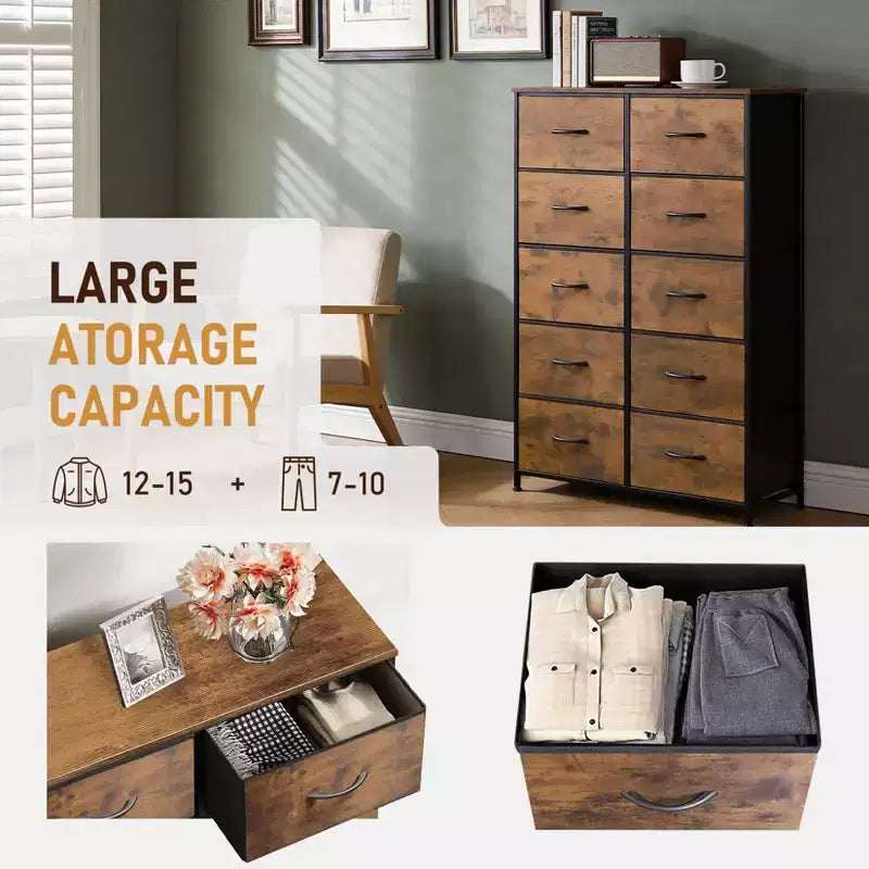 10-Drawer Dresser, Tall Chest of Drawers with Rustic Wood Finish and Metal Frame, Storage Organizer Unit for Bedroom, Entryway, Living Room