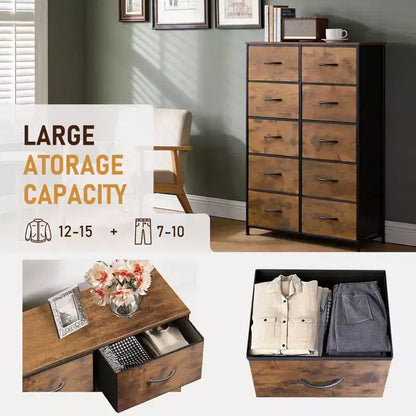 10-Drawer Dresser, Tall Chest of Drawers with Rustic Wood Finish and Metal Frame, Storage Organizer Unit for Bedroom, Entryway, Living Room
