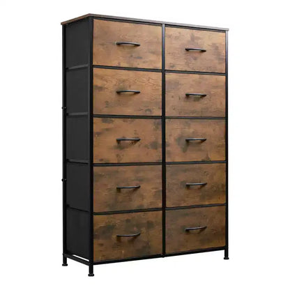 10-Drawer Dresser, Tall Chest of Drawers with Rustic Wood Finish and Metal Frame, Storage Organizer Unit for Bedroom, Entryway, Living Room