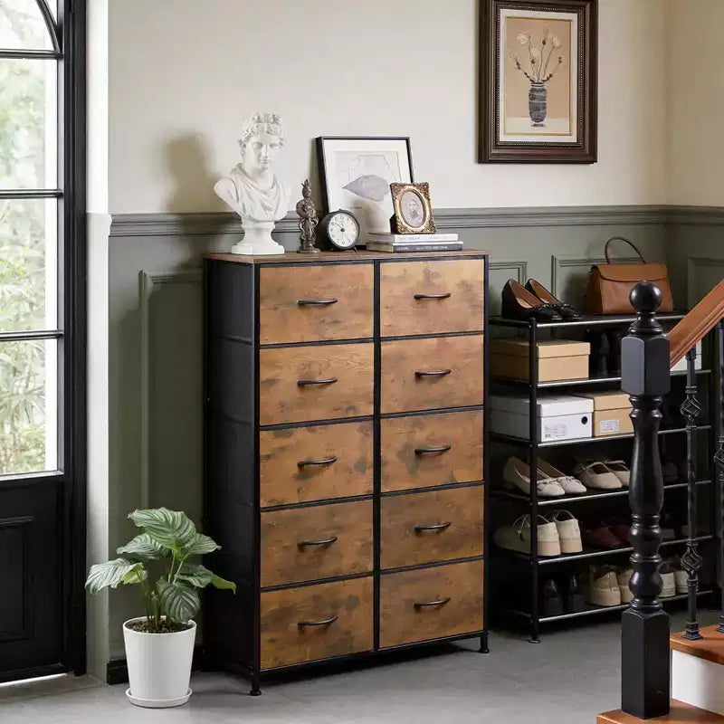 10-Drawer Dresser, Tall Chest of Drawers with Rustic Wood Finish and Metal Frame, Storage Organizer Unit for Bedroom, Entryway, Living Room