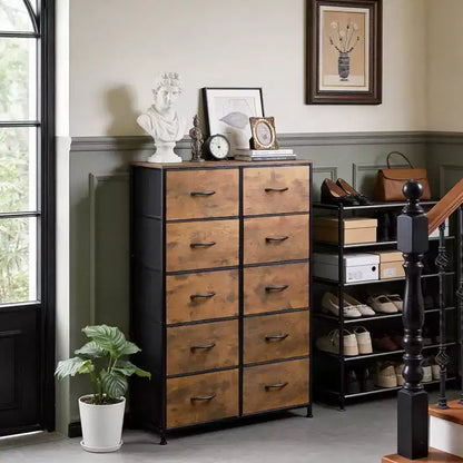 10-Drawer Dresser, Tall Chest of Drawers with Rustic Wood Finish and Metal Frame, Storage Organizer Unit for Bedroom, Entryway, Living Room