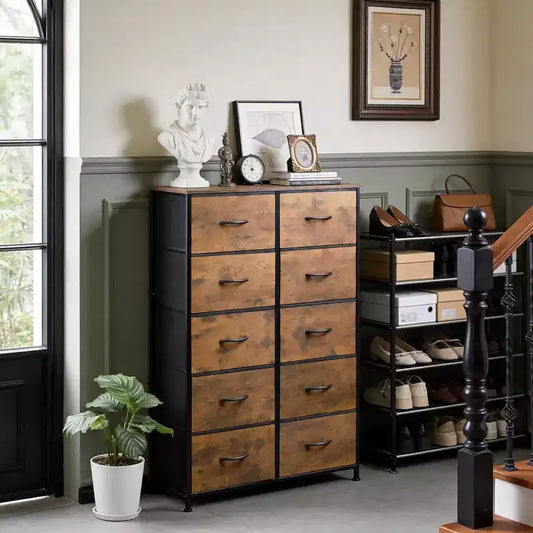10-Drawer Dresser, Tall Chest of Drawers with Rustic Wood Finish and Metal Frame, Storage Organizer Unit for Bedroom, Entryway, Living Room