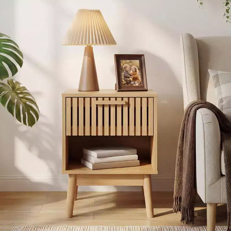 Boho Nightstand with Wood Strip Drawer & Open Shelf, Small Bedside End Table for Bedroom, Living Room & Dorm, Ideal for Small Spaces