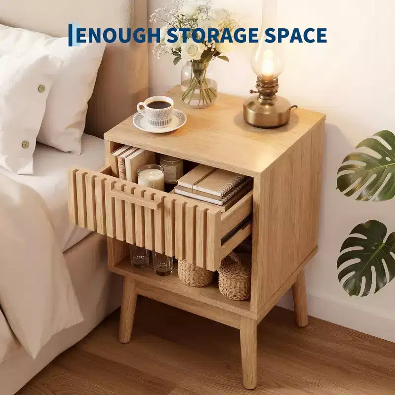 Boho Nightstand with Wood Strip Drawer & Open Shelf, Small Bedside End Table for Bedroom, Living Room & Dorm, Ideal for Small Spaces