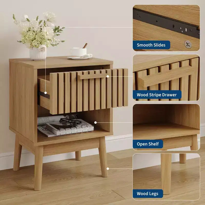 Boho Nightstand with Wood Strip Drawer & Open Shelf, Small Bedside End Table for Bedroom, Living Room & Dorm, Ideal for Small Spaces