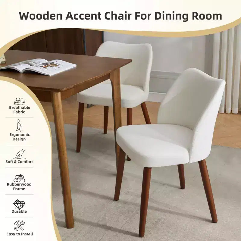 Set of 2 Modern Linen Upholstered Dining Chairs with Wing Backrest and Wood Legs, Comfortable Accent Seating for Dining Room, Kitchen, Living Room