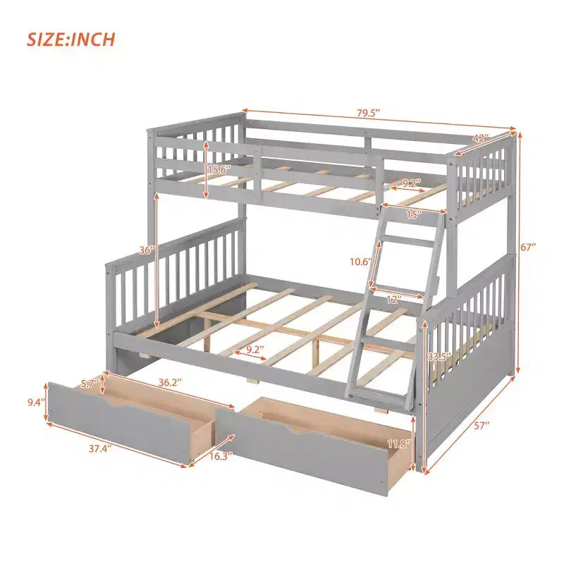 Luxystar Modern Twin Over Full Wooden Bunk Bed with 2 Storage Drawers