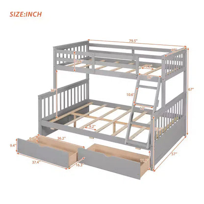 Luxystar Modern Twin Over Full Wooden Bunk Bed with 2 Storage Drawers