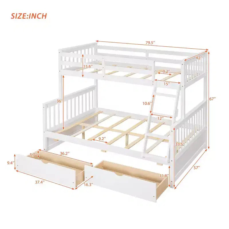Luxystar Modern Twin Over Full Wooden Bunk Bed with 2 Storage Drawers