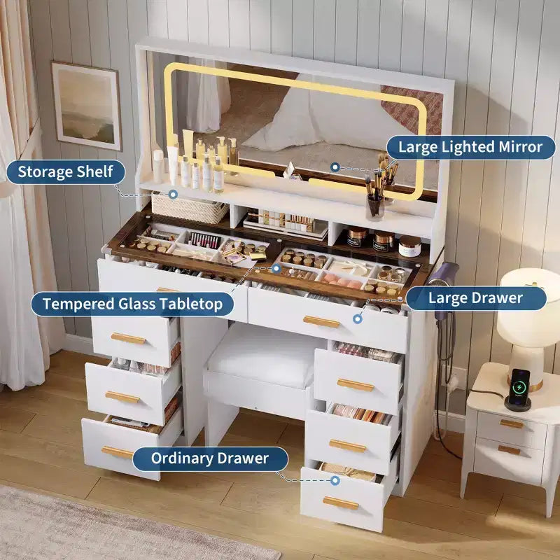 GustoWave Moderna Scrivania da Trucco con Specchio, 8 Cassetti, 3 Ripiani, Piano in Vetro, per Camera da Letto, Bianco Rustico