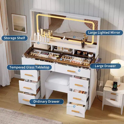 GustoWave Moderna Scrivania da Trucco con Specchio, 8 Cassetti, 3 Ripiani, Piano in Vetro, per Camera da Letto, Bianco Rustico