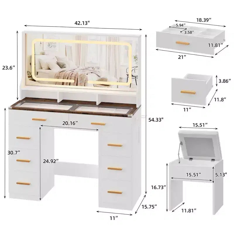 GustoWave Moderna Scrivania da Trucco con Specchio, 8 Cassetti, 3 Ripiani, Piano in Vetro, per Camera da Letto, Bianco Rustico