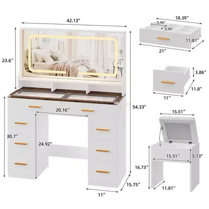 GustoWave Moderna Scrivania da Trucco con Specchio, 8 Cassetti, 3 Ripiani, Piano in Vetro, per Camera da Letto, Bianco Rustico