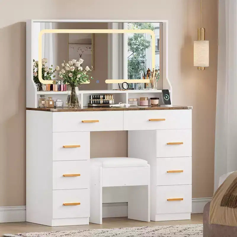 GustoWave Moderna Scrivania da Trucco con Specchio, 8 Cassetti, 3 Ripiani, Piano in Vetro, per Camera da Letto, Bianco Rustico
