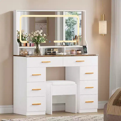 GustoWave Moderna Scrivania da Trucco con Specchio, 8 Cassetti, 3 Ripiani, Piano in Vetro, per Camera da Letto, Bianco Rustico