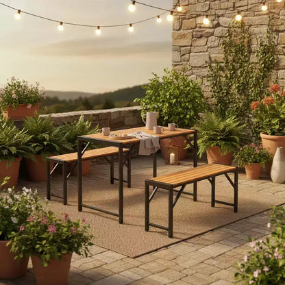 Gymax Set da Pranzo per Esterni da 3 Pezzi per 4 Persone con Tavolo da Picnic in Legno e 2 Panche per Patio e Giardini