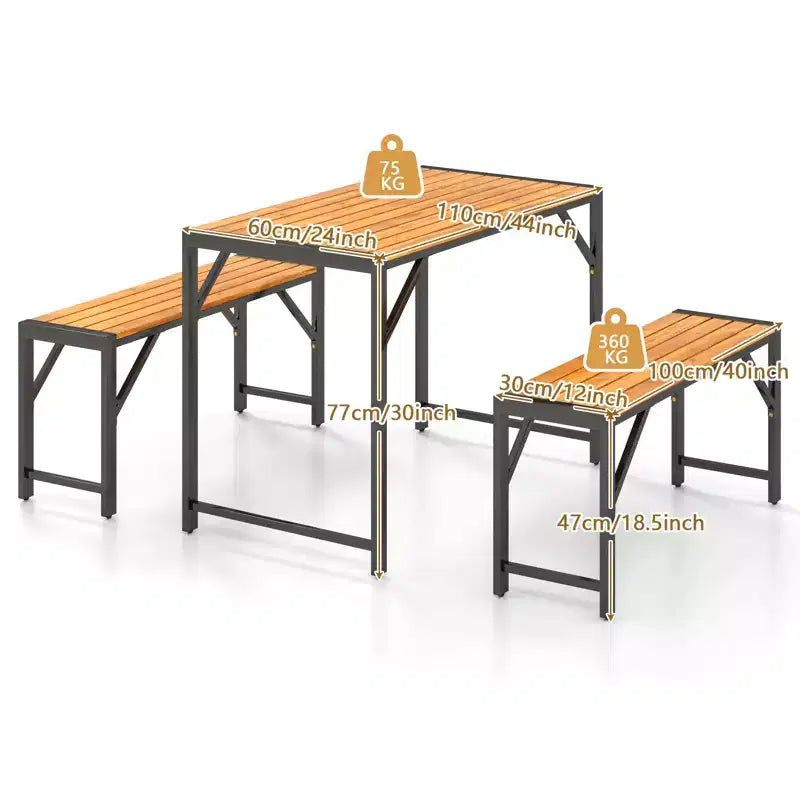 Gymax Set da Pranzo per Esterni da 3 Pezzi per 4 Persone con Tavolo da Picnic in Legno e 2 Panche per Patio e Giardini