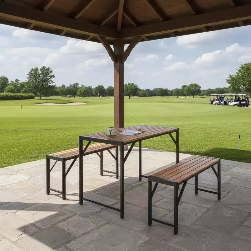 Gymax Set da Pranzo per Esterni da 3 Pezzi per 4 Persone con Tavolo da Picnic in Legno e 2 Panche per Patio e Giardini