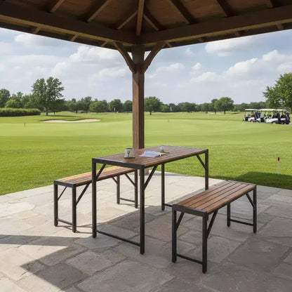 Gymax Set da Pranzo per Esterni da 3 Pezzi per 4 Persone con Tavolo da Picnic in Legno e 2 Panche per Patio e Giardini
