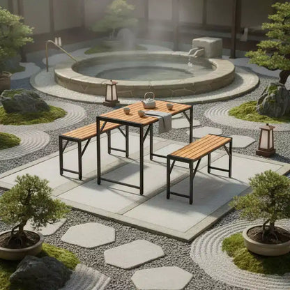 Gymax Set da Pranzo per Esterni da 3 Pezzi per 4 Persone con Tavolo da Picnic in Legno e 2 Panche per Patio e Giardini