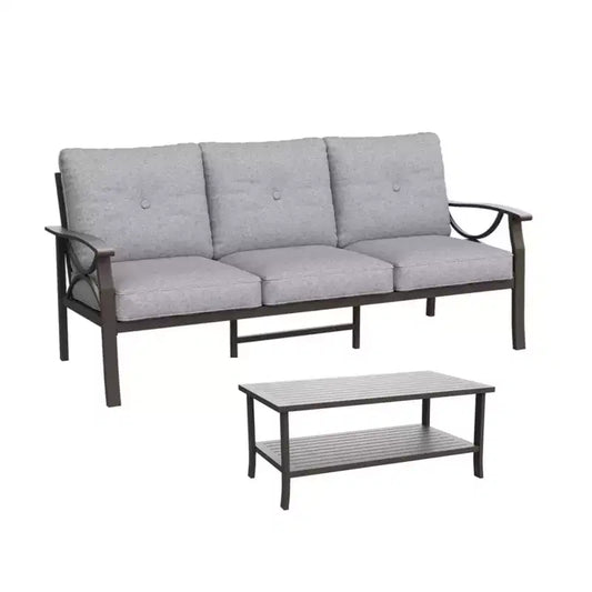2 Piece Outdoor Patio Set, 70 Inch All-Weather Metal 3-Seat Metal Patio Sofa and Rectangular coffee Table, Khaki Frame with Gray Cushions