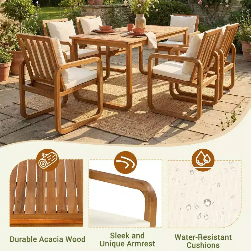 Polibi 7-Piece Acacia Patio Dining Set with Sculpted Loop Armchairs