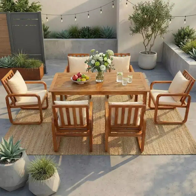 Polibi 7-Piece Acacia Patio Dining Set with Sculpted Loop Armchairs