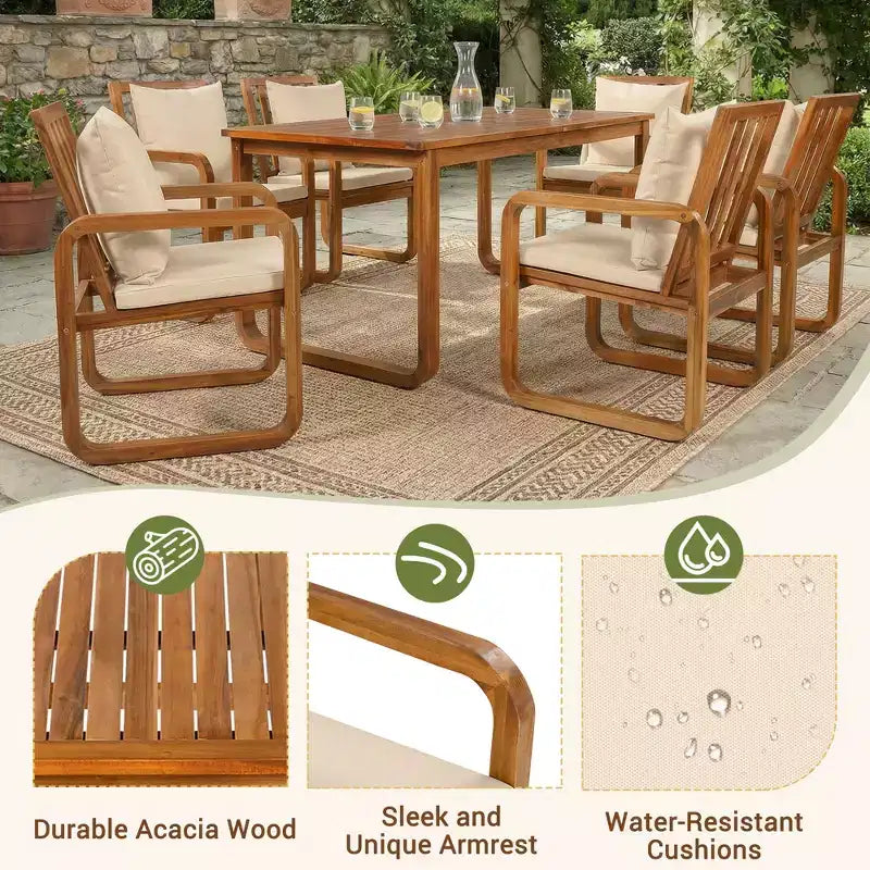 Polibi 7-Piece Acacia Patio Dining Set with Sculpted Loop Armchairs