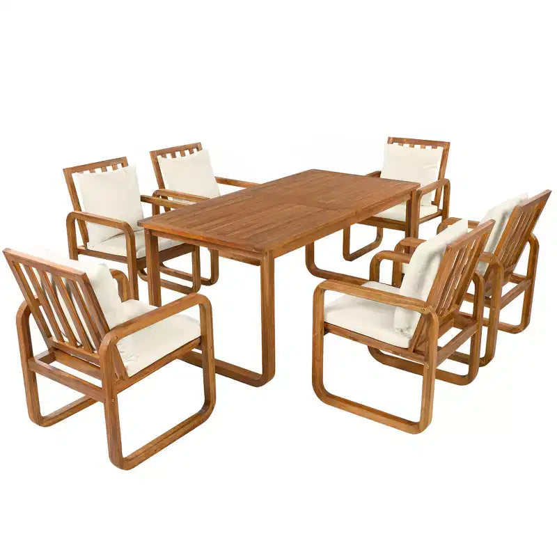 Polibi 7-Piece Acacia Patio Dining Set with Sculpted Loop Armchairs