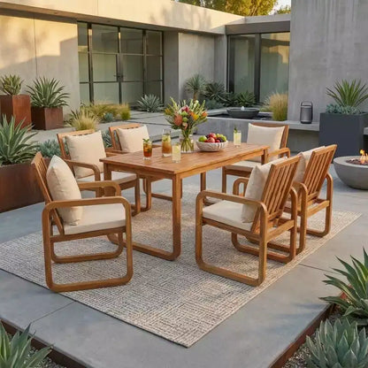 Polibi 7-Piece Acacia Patio Dining Set with Sculpted Loop Armchairs