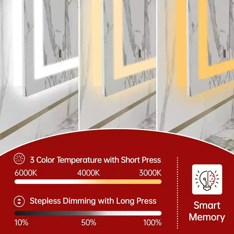 Specchio da bagno anti-appannamento SUMERAIN 48x40, infrangibile, specchio da parete con LED ETL in vetro temperato