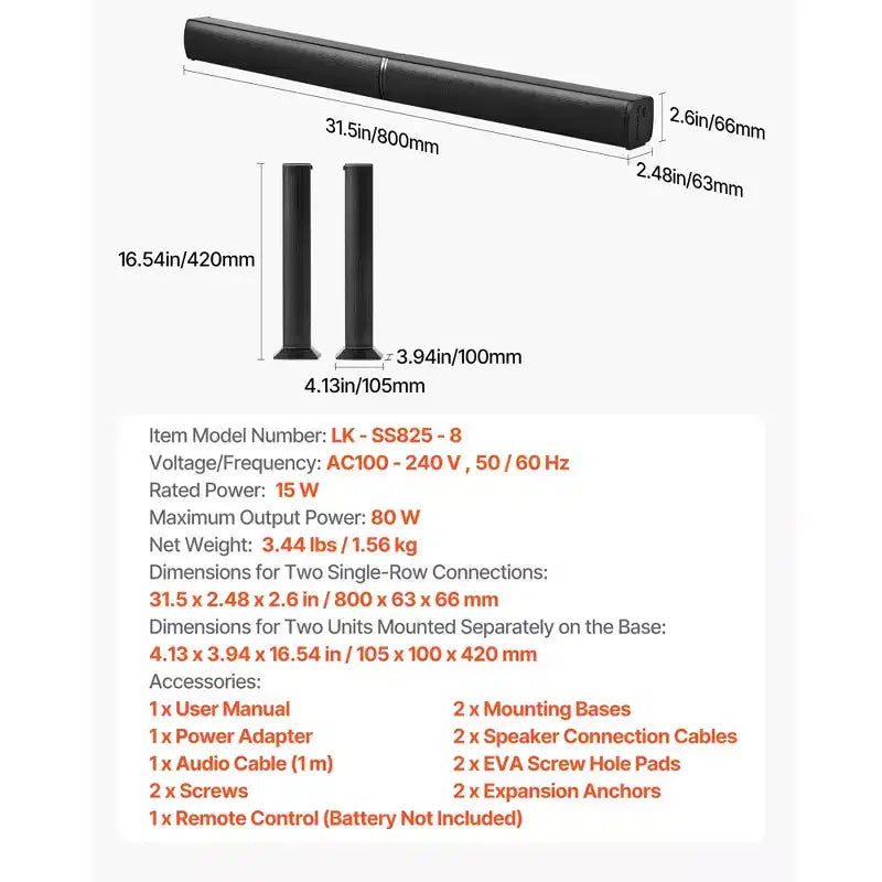 VEVOR Soundbar per Smart TV, 2.0 Canali, 32 Pollici 2 in 1 Soundbar Staccabile, Altoparlanti TV con Connessione Bluetooth HDMI AUX USB, Telecomando, Nero