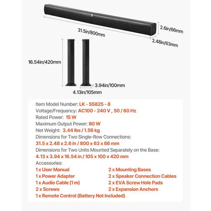 VEVOR Soundbar per Smart TV, 2.0 Canali, 32 Pollici 2 in 1 Soundbar Staccabile, Altoparlanti TV con Connessione Bluetooth HDMI AUX USB, Telecomando, Nero