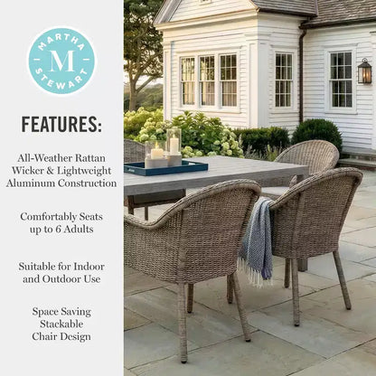 Tavolo da patio in alluminio Martha Stewart All-Weather 62 con 6 sedie impilabili in vimini e rattan - Grigio