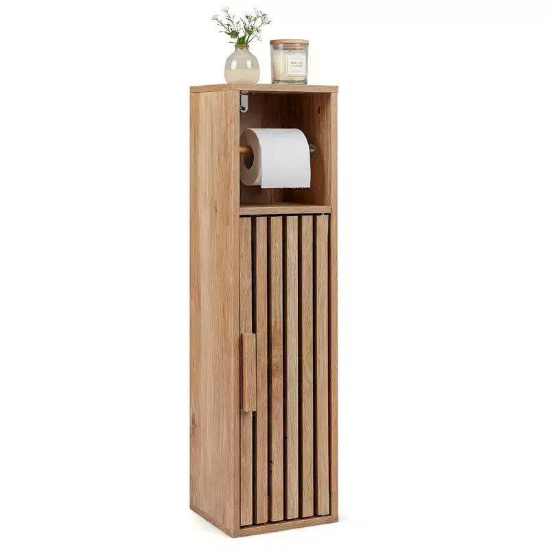 Costway Slim Bathroom Cabinets, Freestanding Toilet Paper Holder Stand with Door,Natural