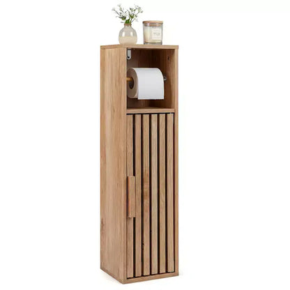 Costway Slim Bathroom Cabinets, Freestanding Toilet Paper Holder Stand with Door,Natural