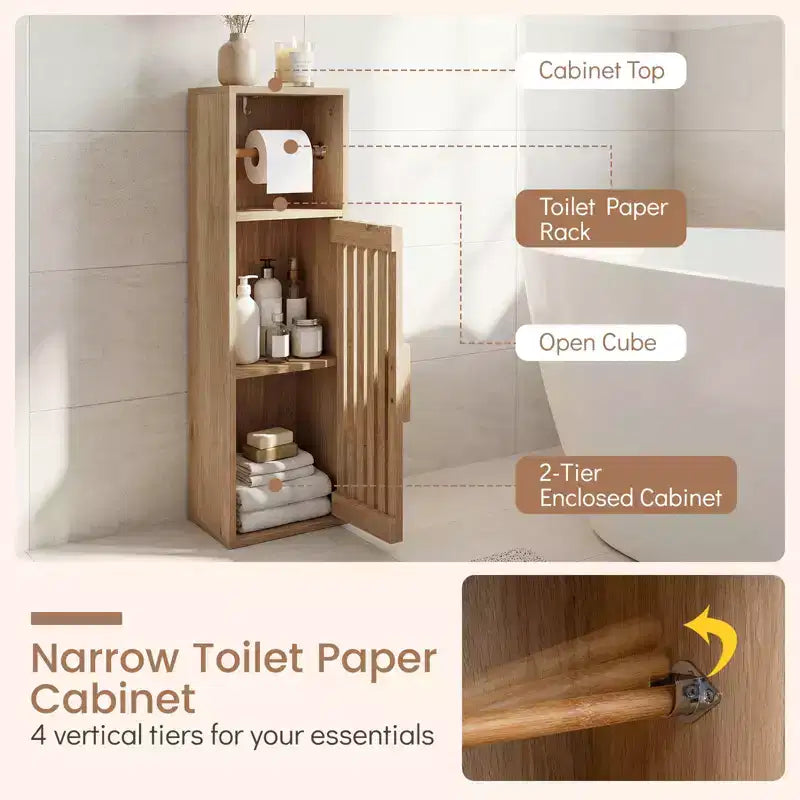 Costway Slim Bathroom Cabinets, Freestanding Toilet Paper Holder Stand with Door,Natural