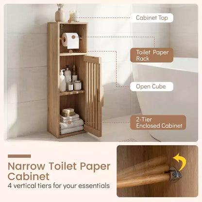 Costway Slim Bathroom Cabinets, Freestanding Toilet Paper Holder Stand with Door,Natural