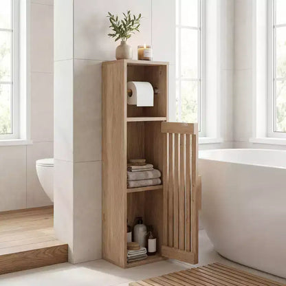 Costway Slim Bathroom Cabinets, Freestanding Toilet Paper Holder Stand with Door,Natural
