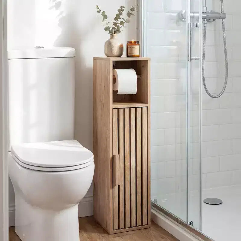 Costway Slim Bathroom Cabinets, Freestanding Toilet Paper Holder Stand with Door,Natural
