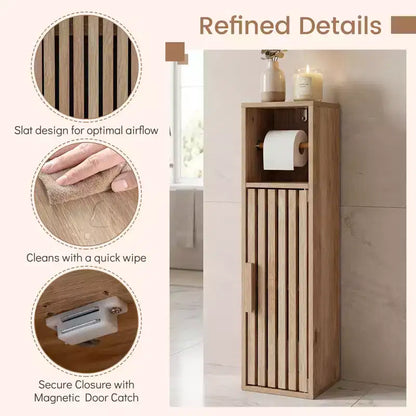 Costway Slim Bathroom Cabinets, Freestanding Toilet Paper Holder Stand with Door,Natural