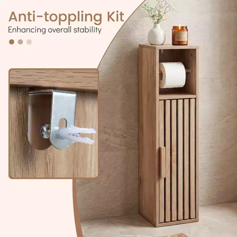 Costway Slim Bathroom Cabinets, Freestanding Toilet Paper Holder Stand with Door,Natural