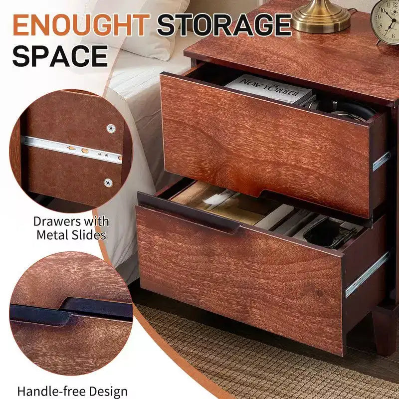 Karl Home Marrone P2 Comodino in MDF Gambe Solide Senza Maniglie 2 Cassetti 51 cm