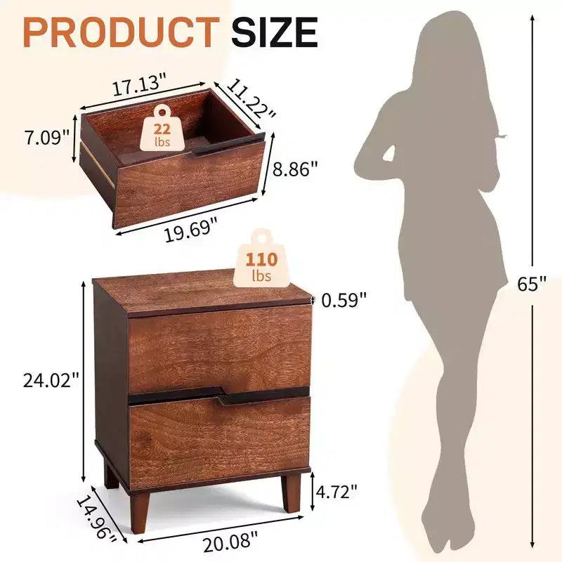 Karl Home Marrone P2 Comodino in MDF Gambe Solide Senza Maniglie 2 Cassetti 51 cm